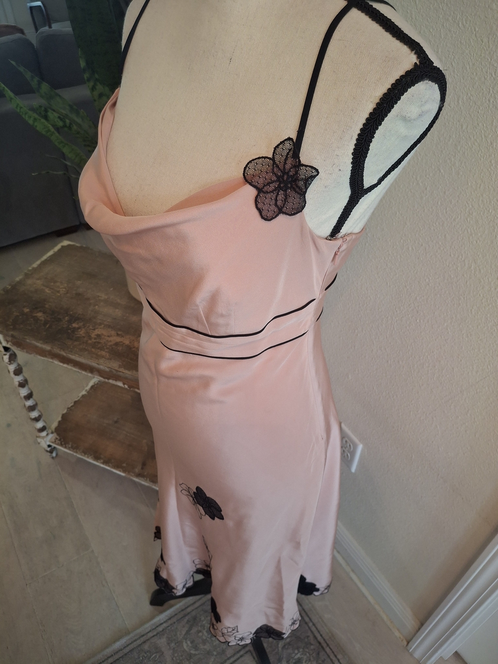 Vintage Y2K Express Pink Silk Slip Midi Dress with Black Floral Accents - Picture 3 of 6